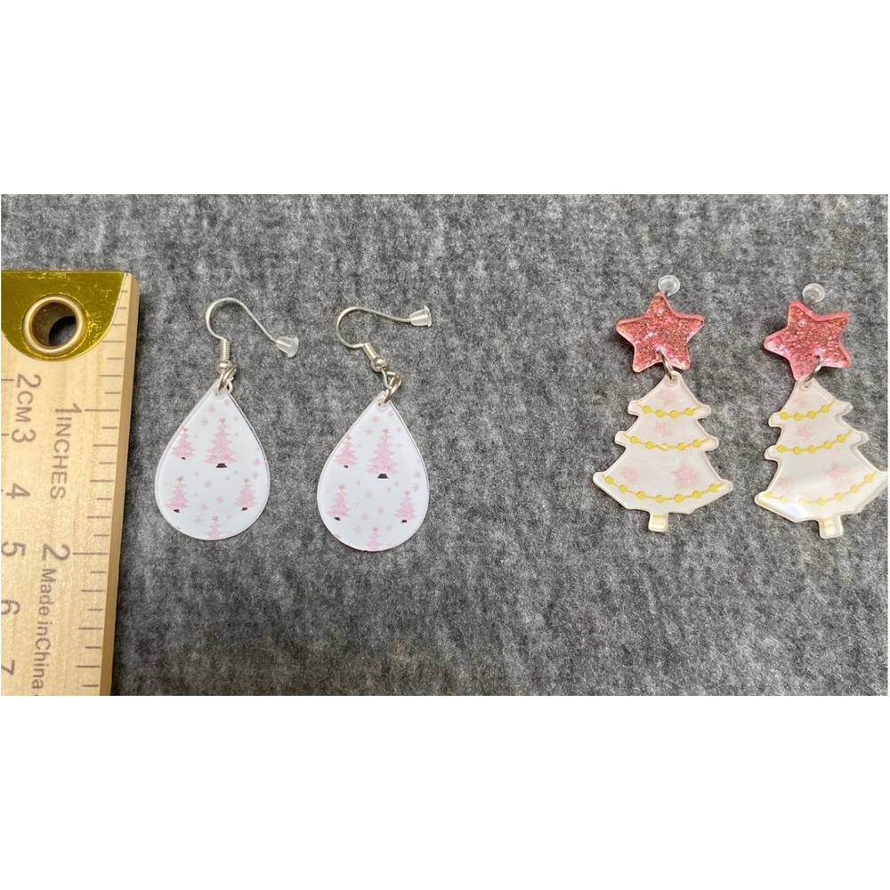 New Pink Christmas Tree Earring Set 2 Pairs Acrylic Holiday Dangle Glitter Star